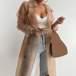 Women's Jackets Elegant Shirts Trench Coat for Women Fashion See Through Lace Up Spring Solid Sheer Mesh Long Sleeve Buttoned with Belt 230418