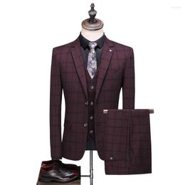 Men's Suits (Jacket Vest Pant) 2023 Spring Korean Slim Cheque British Business Suit Men Three Piece Wedding Bridegroom Man Formal Dress