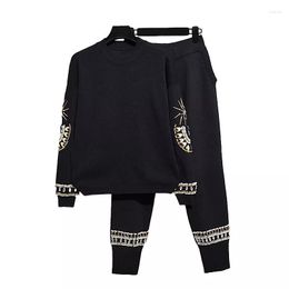 Women's Two Piece Pants 2023 Autumn Women Fashion Beading Embroidery Loose Long Sleeve Knitted Sweater Casual Set Female Suit H718