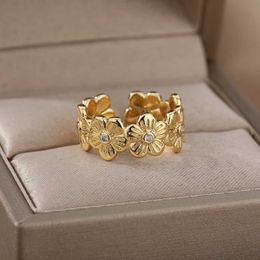 Band Rings Lucky Floral Zircon Rings For Women Opening Adjustable Stainless Steel Gold Colour Finger Ring Couple Wedding Band Jewellery AA230417