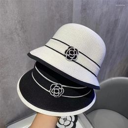 Wide Brim Hats French Elegant Vintage Flower Fashion Straw For Women Black White Patchwork Fisherman Bucket Basin Cap Lady Sun Visor Hat