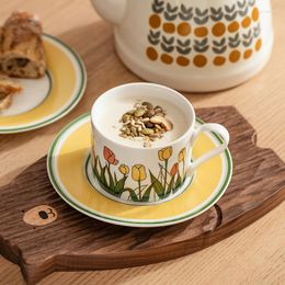 Mugs 250ml Tulip Flower Ceramic And Saucers Coffee Cup With Dessert Dish Breakfast Milk Office Microwave Safe Teacup