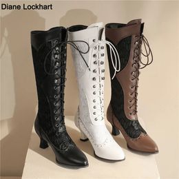 Boots Women Victorian Pointed Toe Mid-Calf Boots Leather Lace Hollow Out Punk Lace Up Strange Steampunk High Heel Shoes Plus Size32-43 231117