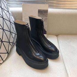The Row Smooth Leather Ankle Chelsea Boots Platform Zipper Slip-on Round Toe Block Heels Flat Wedges Booties Chunky Boot Women uggwdfg