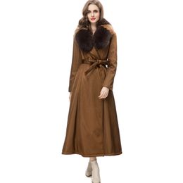 Women's Coat Fox Fur Collar Detachable Long Sleeves Lace Up Patchwork Fashion Outerwear Trench Coats