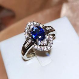 Cluster Rings Luxury Sapphire Oval Shape Full Diamond Blue 925 Silver Ring For Women Geometric Valentine's Day Gift Jewelry