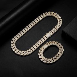 Real Gold Plated 14mm Cuban Link Chain Necklace Bracelet Spring Buckle Stereo Modeling New Fashion Mens Hip-hop Full Diamond Iced Out Jewelry Accessories