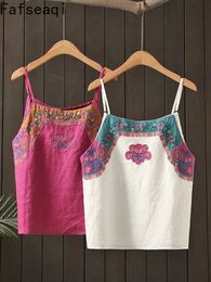 Camisoles Tanks White Top Female Camisoles Women Sleevelees Tanks Top Summer Cotton Linen Retro Embroidery Thin Camisole Vest Lingerie T-shirt 230418