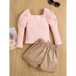 Clothing Sets 1-6Y Kids Girls Summer Fall Clothes Set Baby Puff Long Sleeve Square Neck Tops and PU Leather Short Pants Children Outfits