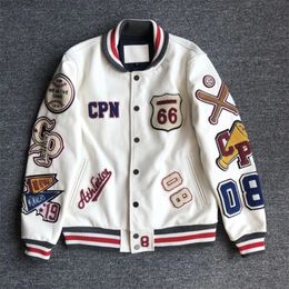 Mens Jackets Multi Letter Embridery White Baseball Uniform Explosive Vintage Leather Jacket Heavy Industrial Coat 231118