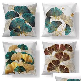 Pillow Case Hand Painted Ginkgo Leaves Pillow Case Polyester Short Plush Modern Floral Chair Cushions Cases Living Room Decor Throw Pi Dhrua