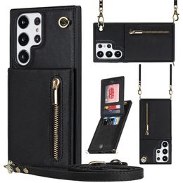 Crossbody Zipper Phone Case for iPhone 15 14 13 12 Pro Max Samsung Galaxy S23 S22 Ultra S21 S21FE S20FE Note20 S23FE Multiple Card Slots Leather Wallet Bracket Shell