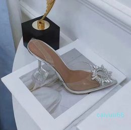 Satin womens Sandals Thick heel heels woman shoe beach Lazy sexy Half slippers Metal heel High Crystal shoes Large With box