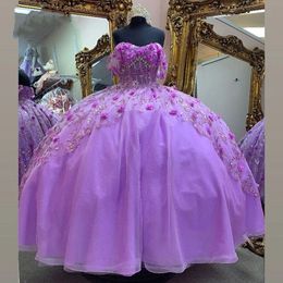 فساتين الأميرة Quinceanera الأرجواني مع زهور الزهور حبات الدانتيل حتى البلورات الحلوة 16 فستان Vestido de 15 Anos