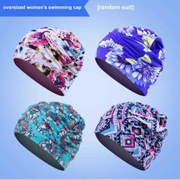 Swimming caps High Elastic Swimming Cap Men Women Free Size Solid Flowers Printed Long Hair Sports Swim Pool Waterproof Hat Nylon Turban P230418