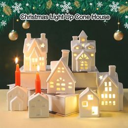 Christmas Decorations White Xmas Ornaments LED Lights Festival Decorations Ceramic Home Decor Cone House Christmas Light 231117