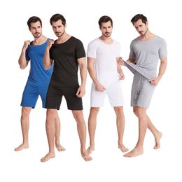 Men's Sleepwear Ice Silk Sleepwear Men Solid Men Summer Pyjama Sets Pijama Shorts With Shirt Plus Size Casual Comfort Sleepwear Pyjamas 230418