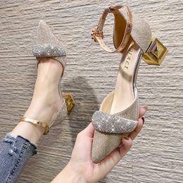 Sandals Bling Crystal High Heels Pumps Women Elegant Pearl Buckle Square Heels Wedding Party Shoes Ladies Pointed Toe Ankle Strap Pumps 230418