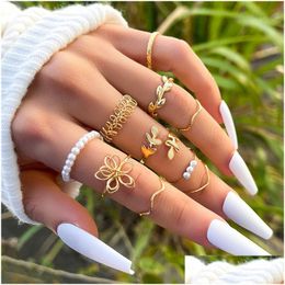 Band Rings Bohemian Gold Colour Chain Rings Set For Women Fashion Faux Pearl Decor Party Trend Jewellery Gift Drop Delivery Jewe Dhgarden Otbbt