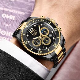 Wristwatches LIGE Fashion Black Gold Clock Top Stainless Steel Waterproof Quartz Watches Men Sport Chronograph Wrist Watch Man