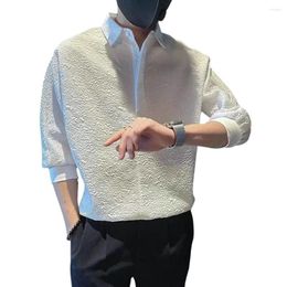 Men's Casual Shirts Men Autumn Shirt Loose Solid Colour Three Quarter Sleeves Turn-down Collar Buttons Warm Pullover Soft Breathable Spring