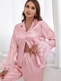 Women's Sleepwear Hiloc Satin Pajamas With Feathers Trouser Suits High Waist Sleepwear Women Pajama Sets With Pants Fur Single Breasted Sets 230418