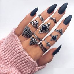 Band Rings Bohemian Vintage Lotus Flower Cross Moon Ring Set For Women Black Crystal Midi Finger Rings 2021 Boho Party Jewel Dhgarden Otcct