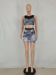 New Designer Mesh Dress Sets for Women Summer Beautiful Sleeveless Crop Top and Mini Skirt Two Piece Denim Print See Through Suits Clothes 9734