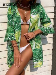 Sunscreen clothing BKMGC Sunscreen Chiffon Blouse Green leaf Printed Beach Blouse Holiday Sexy Sunscreen Clothing Cardigan Long Swimsuit 2770 P230418