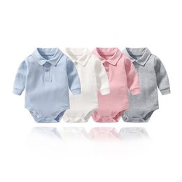 Rompers Baby Clothing born 0-24Months Cotton Solid Color Lapel Collar Long Sleeve Polo Shirt Bodysuit Boy Tees 230418