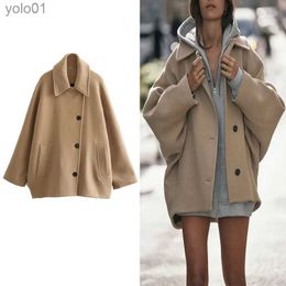 Women's Wool Blends TRAF Women Wool Blend Coat Vintage Lapel Cape Sles Coat Fashion Oversized Button Coat Autumn Winter Chic Outdoor OuterwearL231118