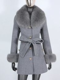 Women's Wool Blends Winter Jacket Women Real Fur Coat Natural Collar Cuffs Belt Cashmere Woollen Warm Outerwear Fashion Streetwear 231117