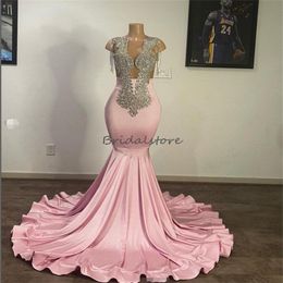 Black Girls Mermaid Pink Prom Dress With Beaded Sexy Backless Elegant Evening Formal Dresses Open Back Aso Ebi Occasion Party Wear 2023 African Engagement Reception