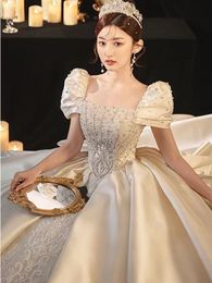 Full pearls A Line Wedding Dresses 2023 lace tulle Appliques Beading Summer Beach satin Wedding Bridal Gowns vintage luxury plus size ball gown sweep train Vestidos