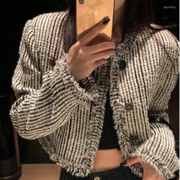Women's Jackets Temperament Cropped Tops Fashion Plaid Women Y2k Clothes O-neck Long Sleeve Tassel Vintage Korean Coat 2023 Ropa Mujer