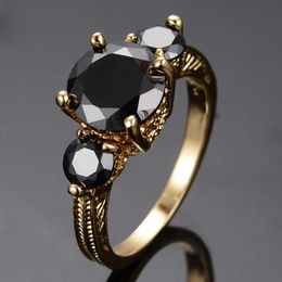 Band Rings Vintage Female Black Crystal Stone Jewelry Yellow Gold Color Wedding Rings For Women Big Bride Round Engagement Ring AA230417