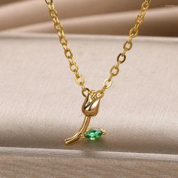 Pendant Necklaces Gold Color Rose Necklace For Women Fashion Green Leaf Zircon Buds Flower Choker Elegant Ladies Jewelry Lovers Wife Gifts