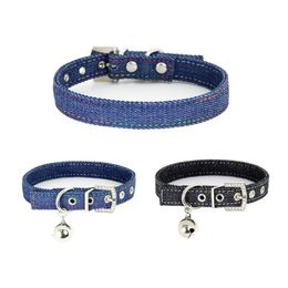 Dog Collars & Leashes Denim Dog Collar With Bells Fashion Pet Collars Adjustable Black Rhinestone Buckle Puppy Small Dogs Necklace Acc Dhzbm