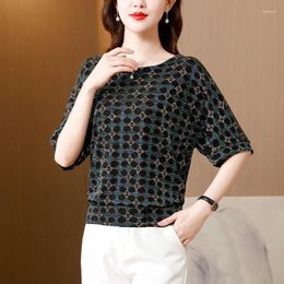 Women's T Shirts Women Short Sleeve Shirt Summer Shiny Sequins Tshirt Female Loose Plaid Office Tee Femme Reg Green Blue