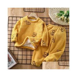 Pyjamas New Kids Autumn Winter Thicken Warm Flannel Cute Cartoon O-Neck Clothing Sets Baby Boys Girls Sleepwear Toddler Drop Delivery Dh2Eb