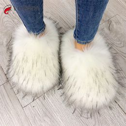 Slippers Luxury winter women's fur slider fur raccoon fox fur slider artificial fur slider warm plush fuzzy flip fluffy magical women's shoes 231118