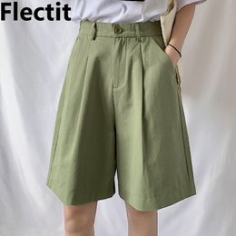 Women's Shorts Flectit Women's Bermuda Shorts Cotton High Waist Wide Leg Front Pleats Plus Size Female Student Girl Casual Outfit 230417