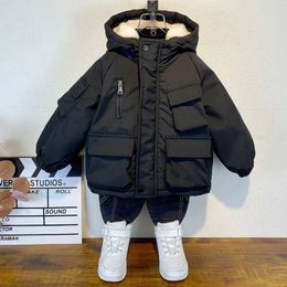 다운 코트 겨울 면화 재킷 소년 검은 후드가있는 어린이 겉옷의 옷 38y 키즈 파카 패딩 스노우 슈트 XMP323 231117