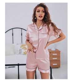 Women's Sleepwear Womens Silk Satin Pyjamas Set Short Sleeve Two-piece Pj Sets Sleepwear Loungewear Button-down 23 831