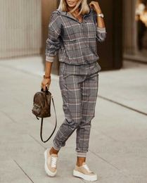 Women's Two Piece Pants Plaid Print Zip Front Hoodie Pants Set Two Piece Sets Womens Outifits Autumn Spring Women 2022 New Suit Female Clothing Outfits T231118