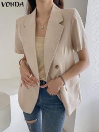 Women's Suits Blazers VONDA Women Elegant Office Blazer 2023 Fashion Coats Casual Sexy Lapel ShortSleeve Loose Solid Color Outwears Oversized 230418