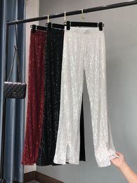 Women's Pants Capris The Women's Fashion Shining White Trousers Show Tall Waist Sequins Flares Pants 230418