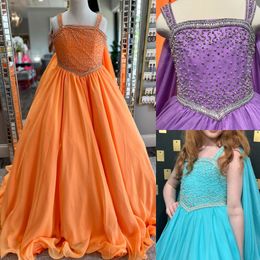 Long Chiffon Girl Pageant Dress 2024 Cape Orange Ballgown Little Kid Birthday Formal Party Gown Infant Toddler Teens Preteen Tiny Young Junior Miss Runway Ocean