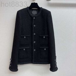 Women's Jackets Designer 2023 Autumn/winter New Black Style Jacquard Coat for Women High Grade Single Breasted Round Neck Straight Barrel Coat for Women LJDA