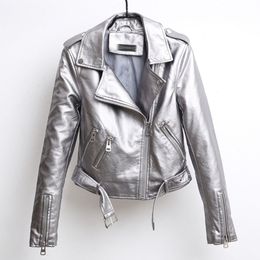Women's Leather Faux Women 2023 Fashion Autumn Soft Jackets Ladies PU Silver Black Pink Zippers Coats Motorcycle Outerwear Spring 230418